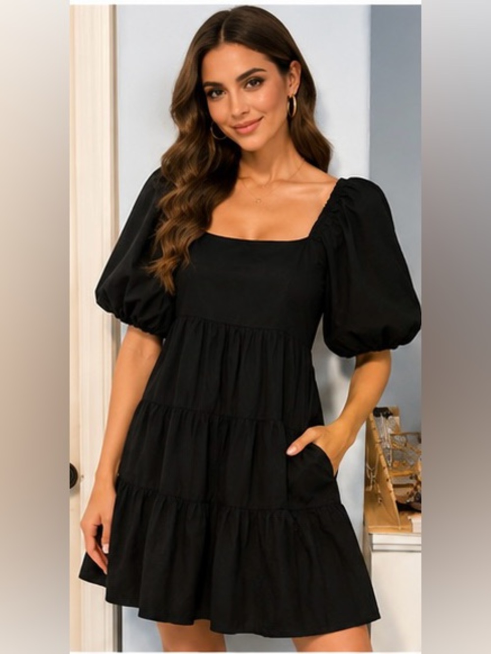 Faithfull the Brand Eryn Black Puff Sleeve Tiered Mini Dress Size S / US 2